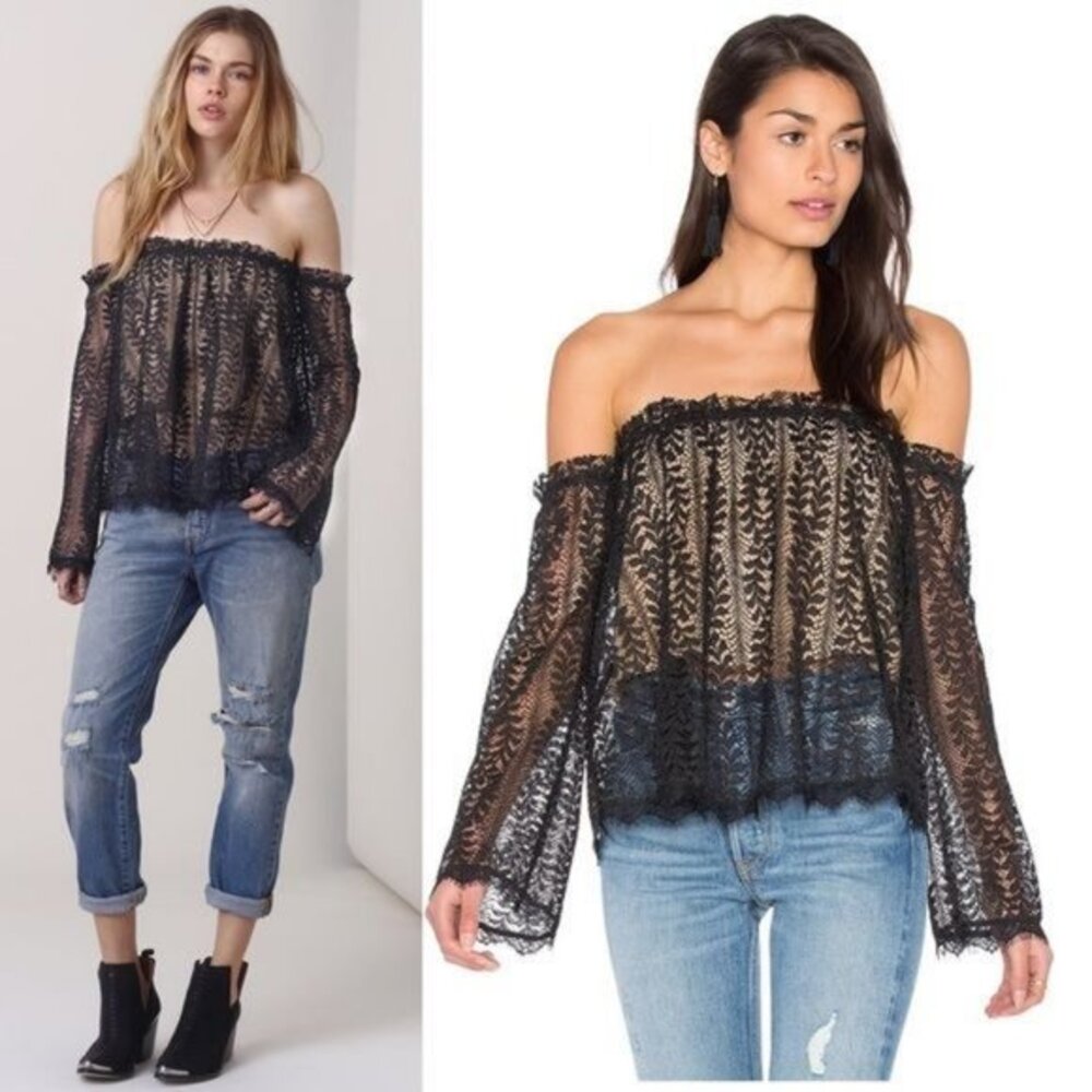 NWT Heartloom maryam black nude lace off the shoulder‎ top XS
